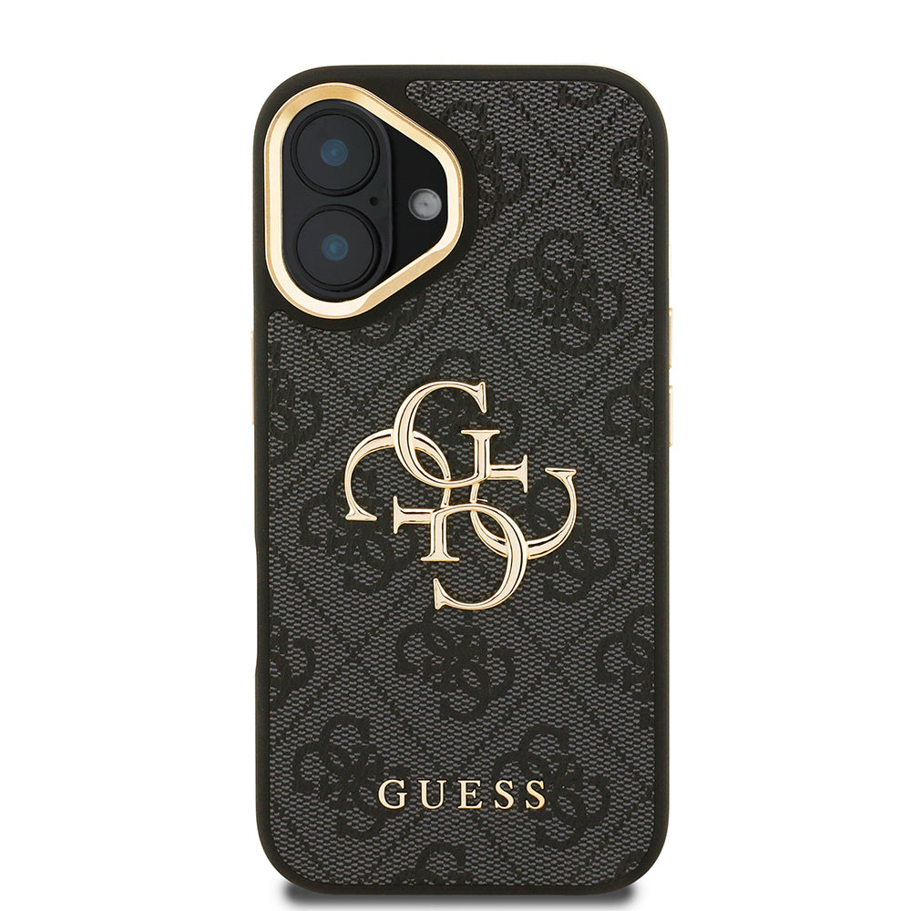 iPhone 16 Plus Kılıf Guess Orijinal Lisanslı PU Deri 4G Desenli Metal Büyük 4G ve Yazı Logolu Kamera Standlı Kılıf