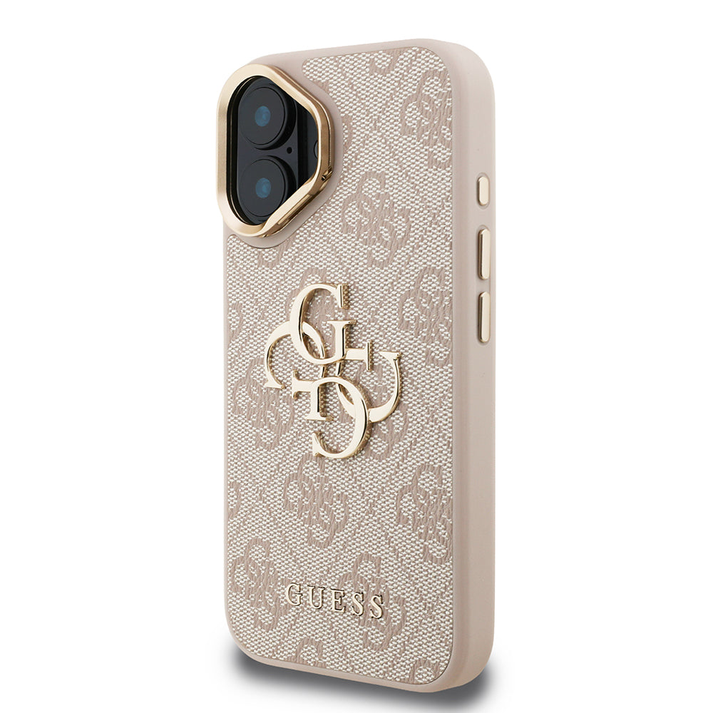 iPhone 16 Plus Kılıf Guess Orijinal Lisanslı PU Deri 4G Desenli Metal Büyük 4G ve Yazı Logolu Kamera Standlı Kılıf