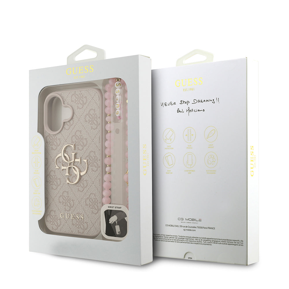 iPhone 16 Plus Kılıf Guess Orijinal Lisanslı PU Deri Bilek Askı İpli Metal Büyük 4G ve Yazı Logolu Kılıf