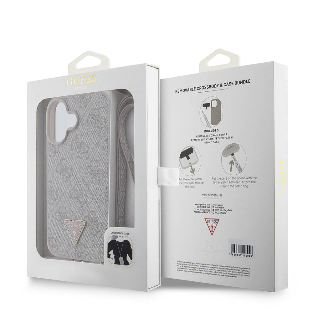 iPhone 16 Plus Kılıf Guess Orijinal Lisanslı PU Deri Taşlı Metal Üçgen Logolu Çapraz Vücut Askılı 4G Desenli Kılıf
