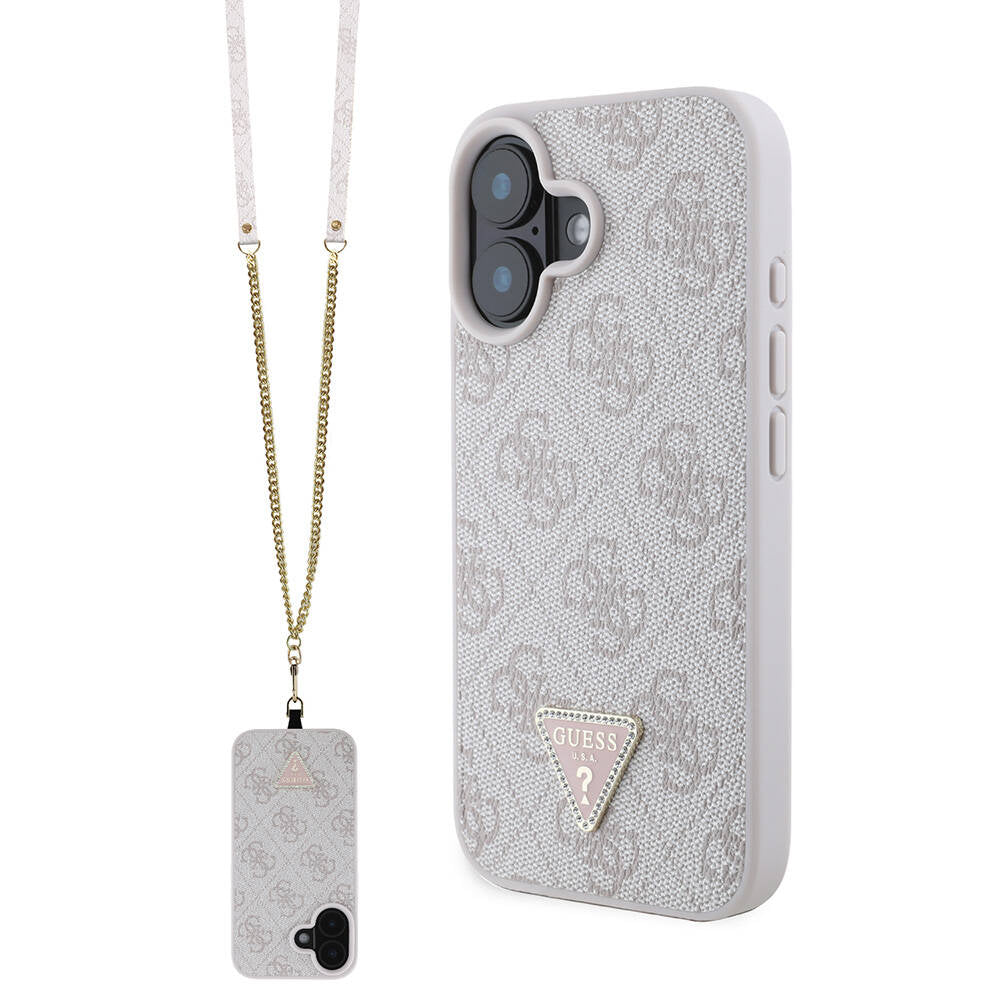 iPhone 16 Plus Kılıf Guess Orijinal Lisanslı PU Deri Taşlı Metal Üçgen Logolu Çapraz Vücut Askılı 4G Desenli Kılıf