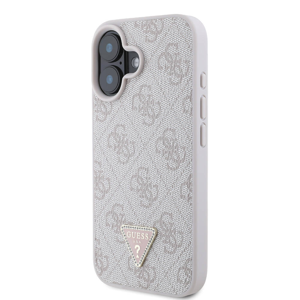 iPhone 16 Plus Kılıf Guess Orijinal Lisanslı PU Deri Taşlı Metal Üçgen Logolu Çapraz Vücut Askılı 4G Desenli Kılıf