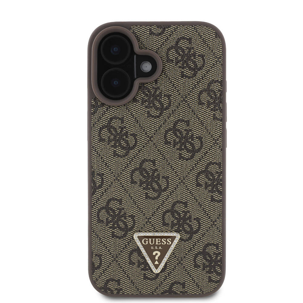 iPhone 16 Plus Kılıf Guess Orijinal Lisanslı PU Deri Taşlı Metal Üçgen Logolu Çapraz Vücut Askılı 4G Desenli Kılıf
