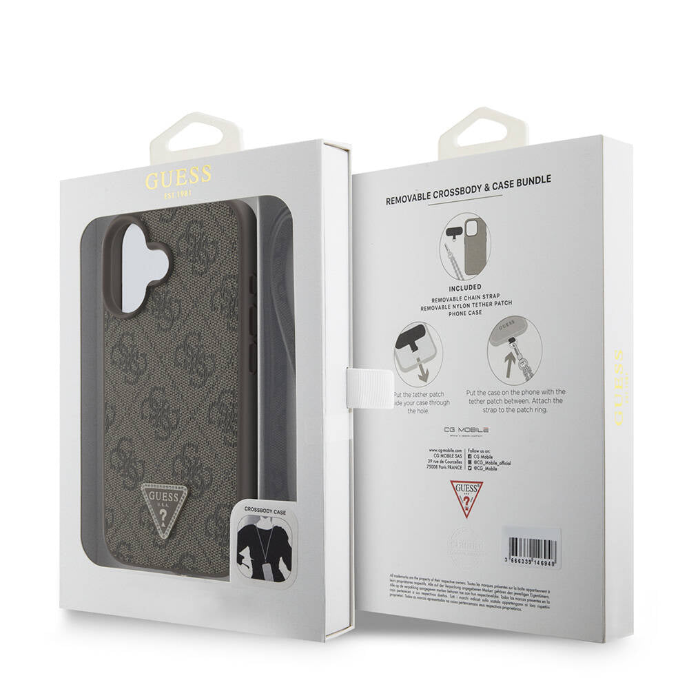 iPhone 16 Plus Kılıf Guess Orijinal Lisanslı PU Deri Taşlı Metal Üçgen Logolu Çapraz Vücut Askılı 4G Desenli Kılıf