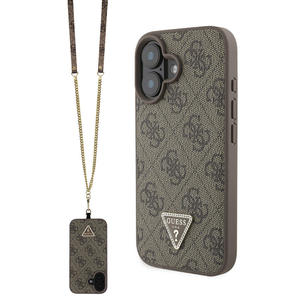 iPhone 16 Plus Kılıf Guess Orijinal Lisanslı PU Deri Taşlı Metal Üçgen Logolu Çapraz Vücut Askılı 4G Desenli Kılıf