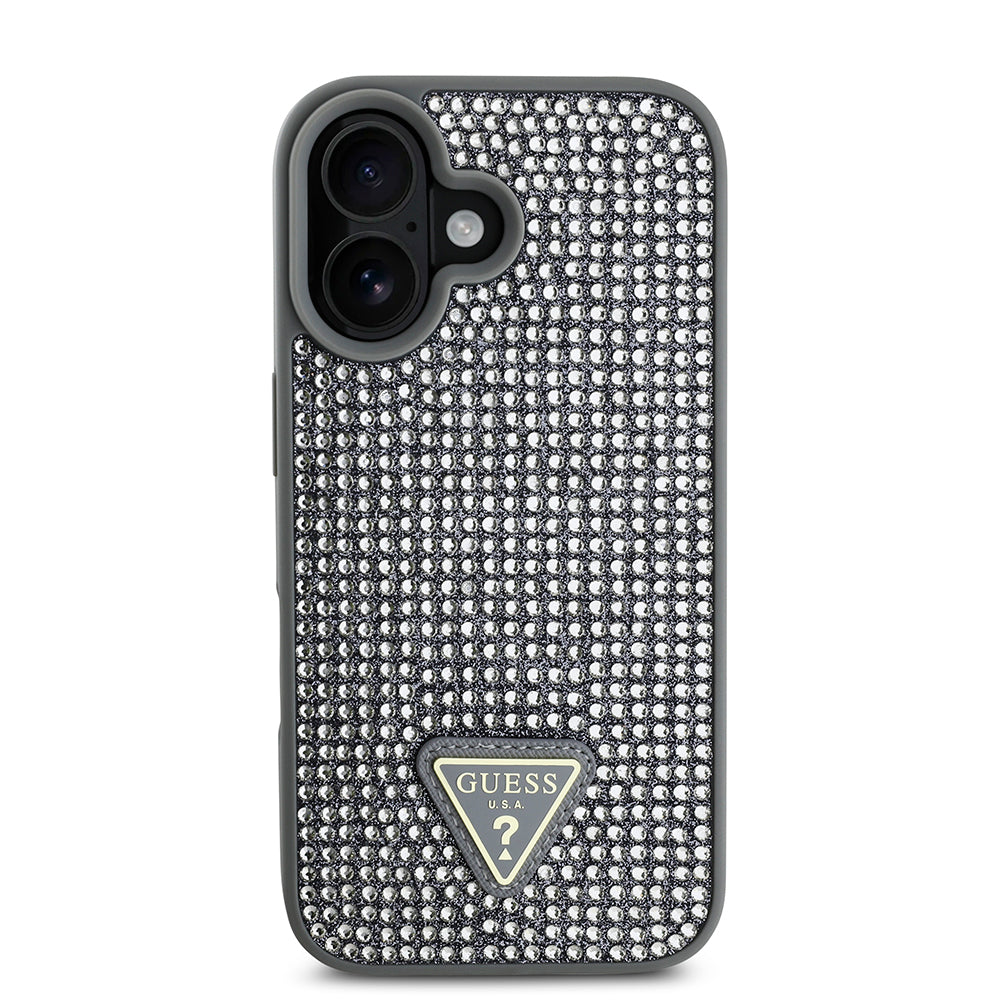 iPhone 16 Plus Kılıf Guess Orijinal Lisanslı Taşlı Arka Yüzey Üçgen Logolu Kılıf