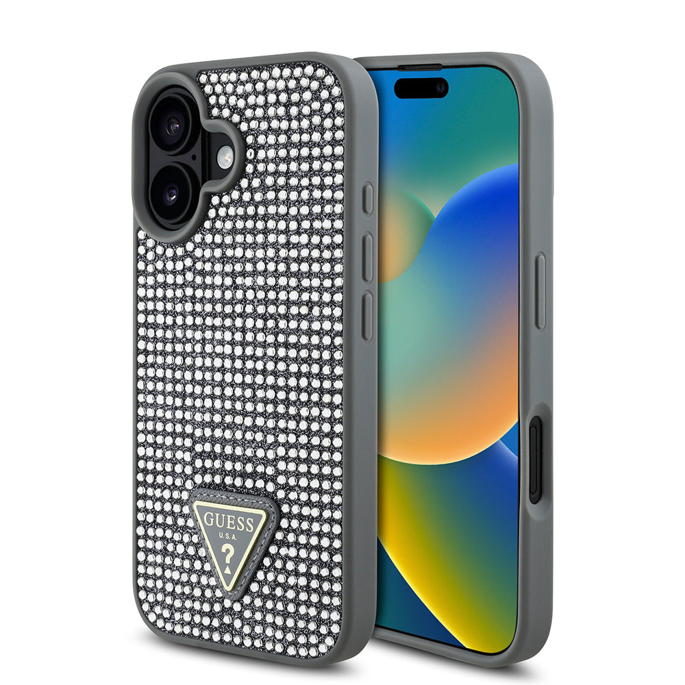 iPhone 16 Plus Kılıf Guess Orijinal Lisanslı Taşlı Arka Yüzey Üçgen Logolu Kılıf