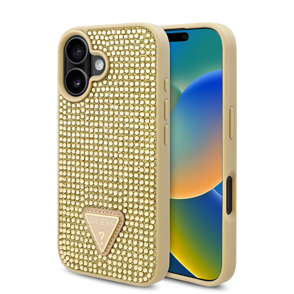 iPhone 16 Plus Kılıf Guess Orijinal Lisanslı Taşlı Arka Yüzey Üçgen Logolu Kılıf
