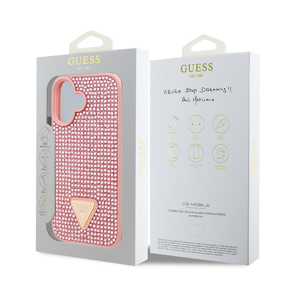 iPhone 16 Plus Kılıf Guess Orijinal Lisanslı Taşlı Arka Yüzey Üçgen Logolu Kılıf