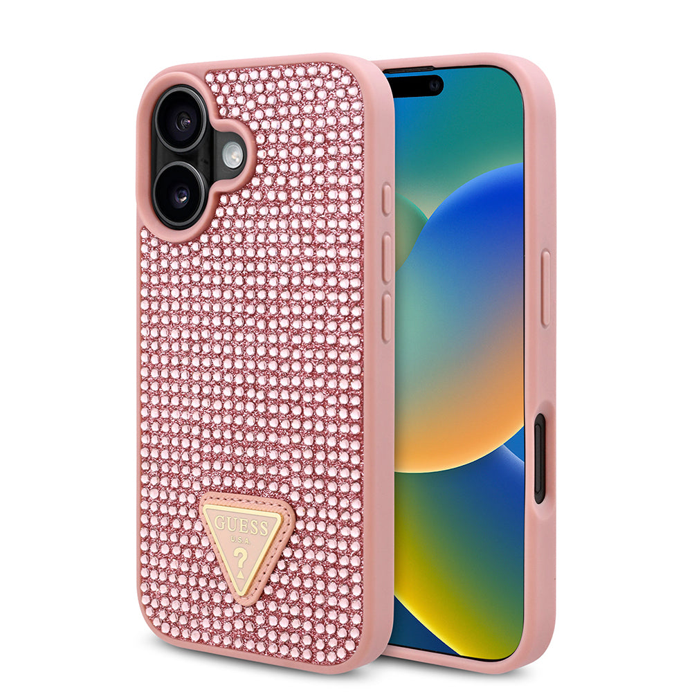 iPhone 16 Plus Kılıf Guess Orijinal Lisanslı Taşlı Arka Yüzey Üçgen Logolu Kılıf