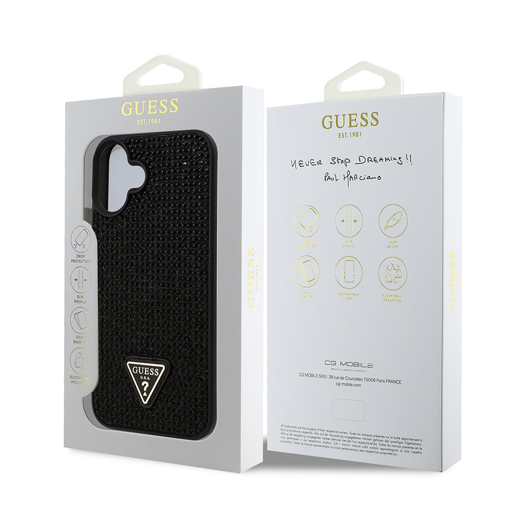 iPhone 16 Plus Kılıf Guess Orijinal Lisanslı Taşlı Arka Yüzey Üçgen Logolu Kılıf