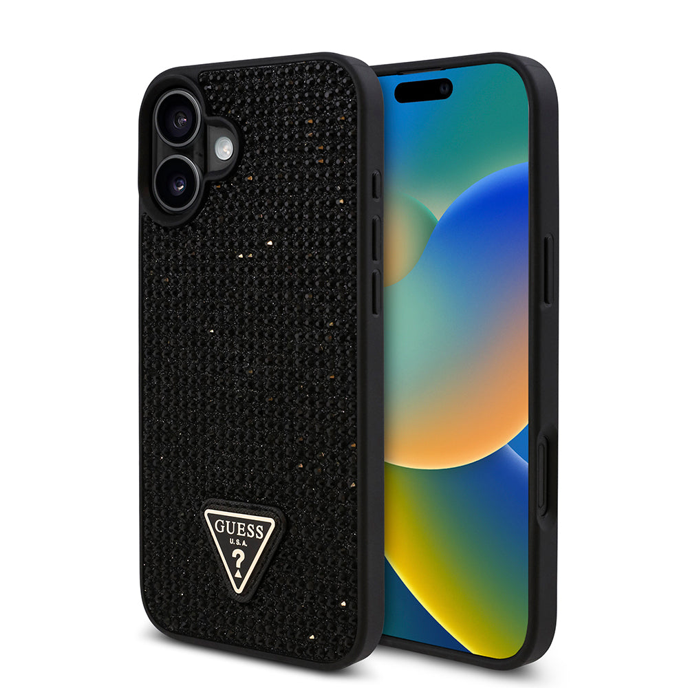 iPhone 16 Plus Kılıf Guess Orijinal Lisanslı Taşlı Arka Yüzey Üçgen Logolu Kılıf