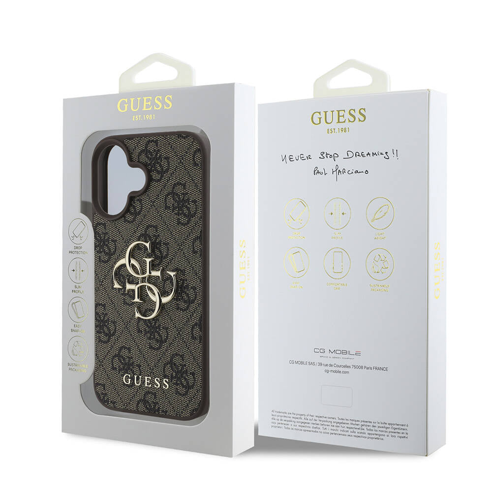 iPhone 16 Plus Kılıf Guess Orijinal Lisanslı PU Deri 4G Desenli Metal Büyük 4G ve Yazı Logolu Kılıf