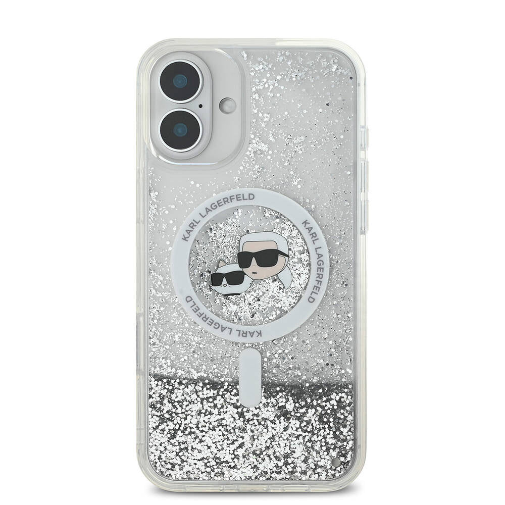 iPhone 16 Plus Kılıf Karl Lagerfeld Orijinal Lisanslı M-safe Şarj Özellikli Sıvılı Simli K&C Heads Kılıf