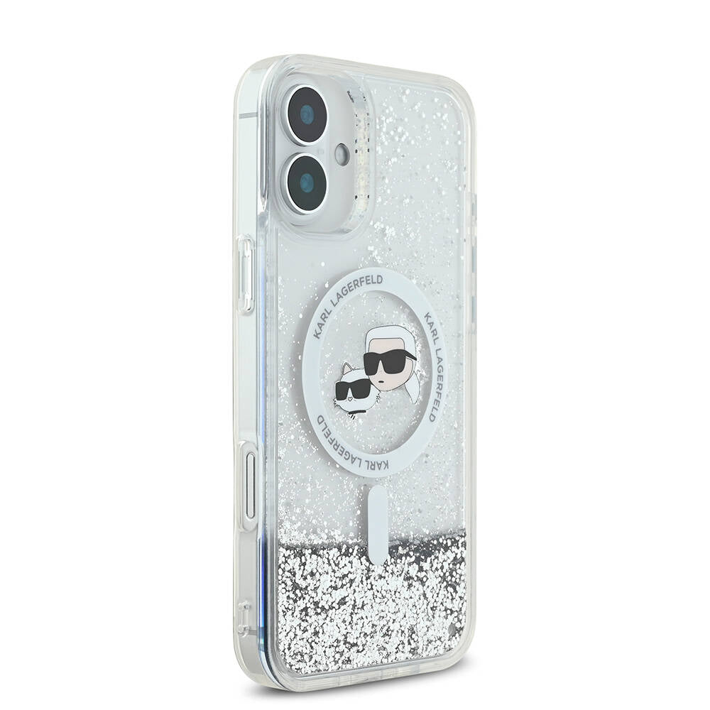 iPhone 16 Plus Kılıf Karl Lagerfeld Orijinal Lisanslı M-safe Şarj Özellikli Sıvılı Simli K&C Heads Kılıf