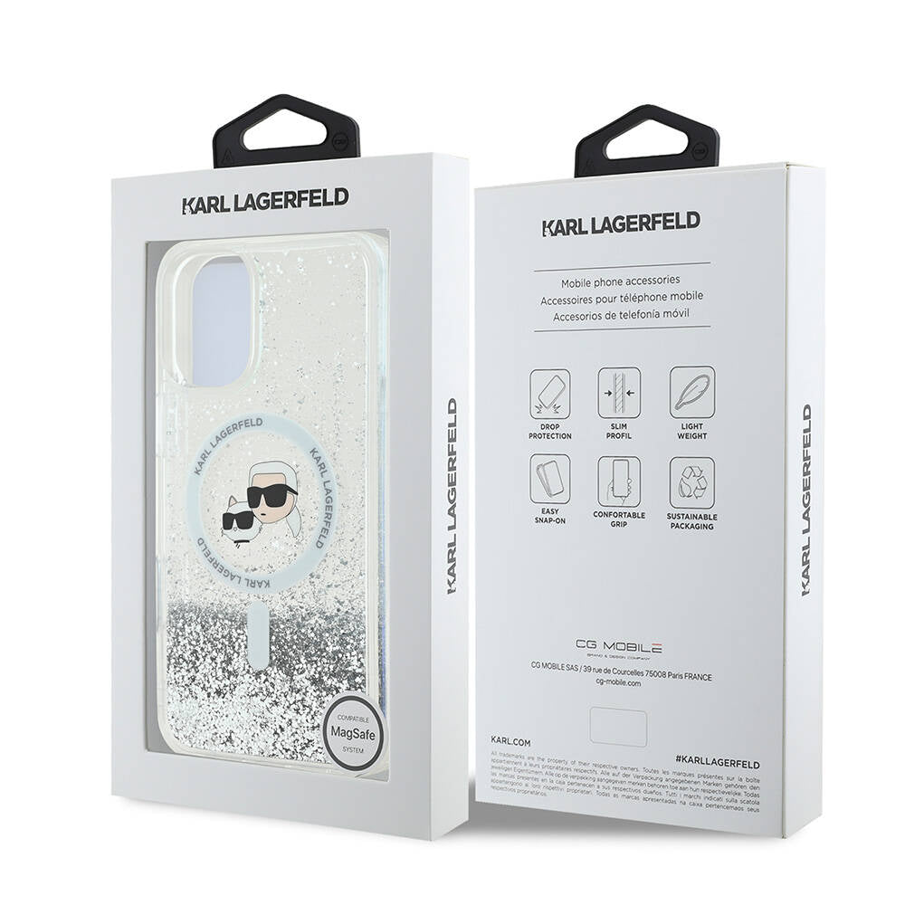 iPhone 16 Plus Kılıf Karl Lagerfeld Orijinal Lisanslı M-safe Şarj Özellikli Sıvılı Simli K&C Heads Kılıf