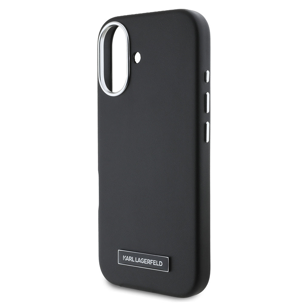 iPhone 16 Plus Kılıf Karl Lagerfeld orijinal Lisanslı M-safe Şarj Özellikli Metal Kamera ve Buton Tasarımlı Plaka Logolu PU Deri Kılıf