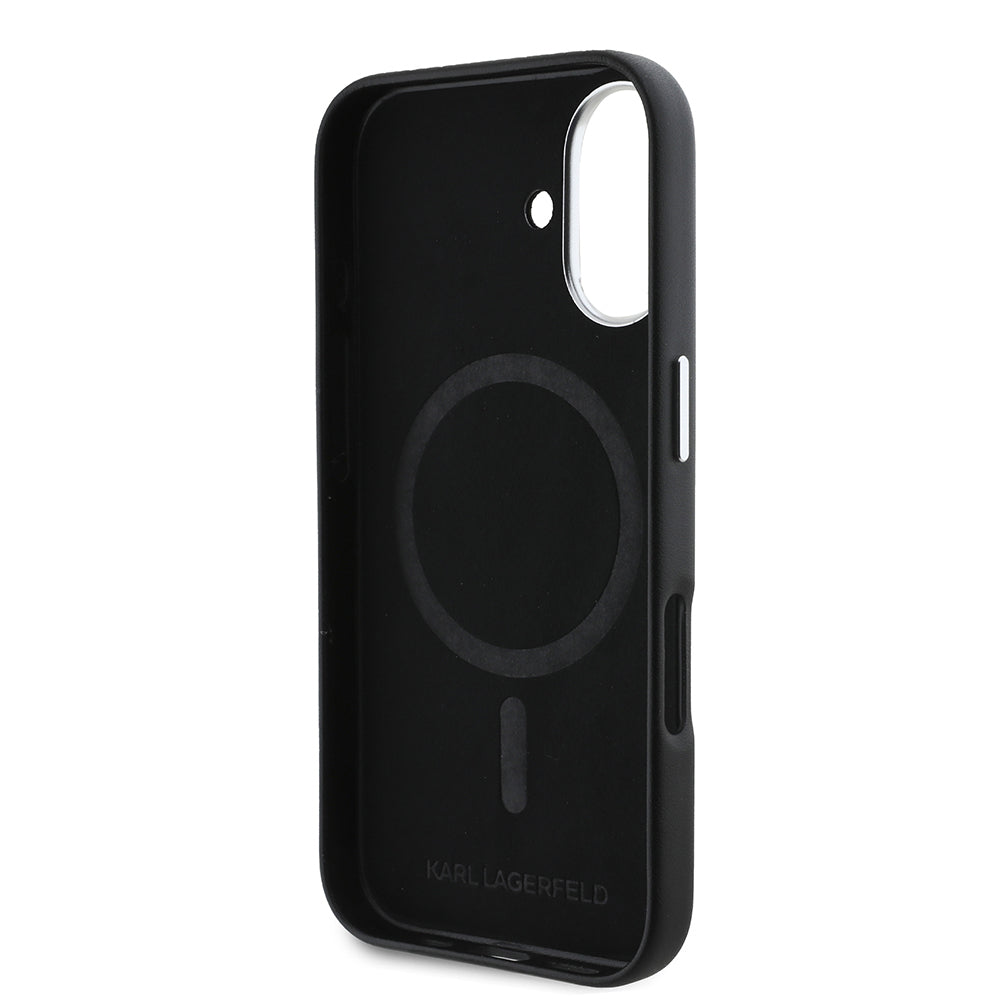 iPhone 16 Plus Kılıf Karl Lagerfeld orijinal Lisanslı M-safe Şarj Özellikli Metal Kamera ve Buton Tasarımlı Plaka Logolu PU Deri Kılıf