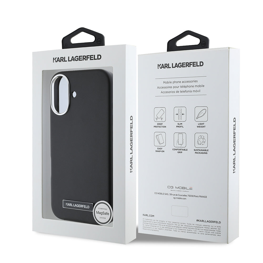 iPhone 16 Plus Kılıf Karl Lagerfeld orijinal Lisanslı M-safe Şarj Özellikli Metal Kamera ve Buton Tasarımlı Plaka Logolu PU Deri Kılıf