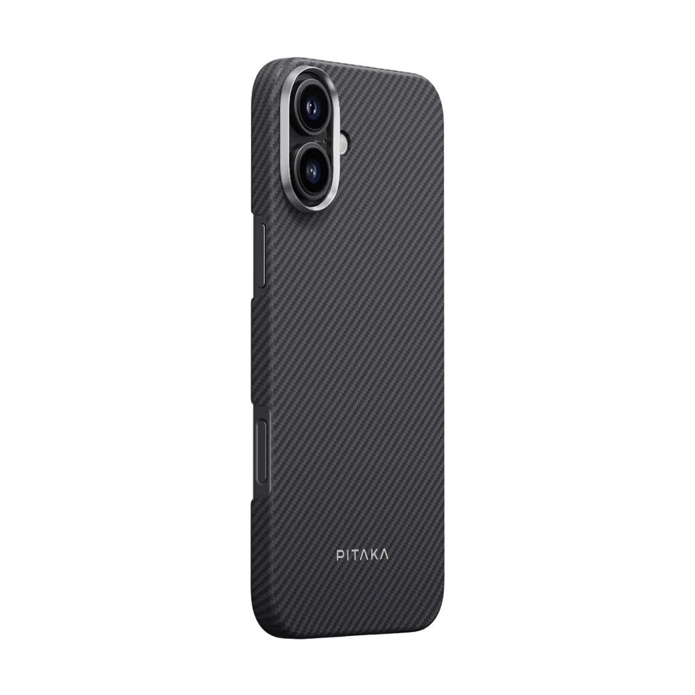 iPhone 16 Plus Kılıf M-safe Şarj Özellikli 600D Aramid Karbon Fiber Pitaka Ultra-Slim Classic Serisi Black-Grey Twill Kılıf