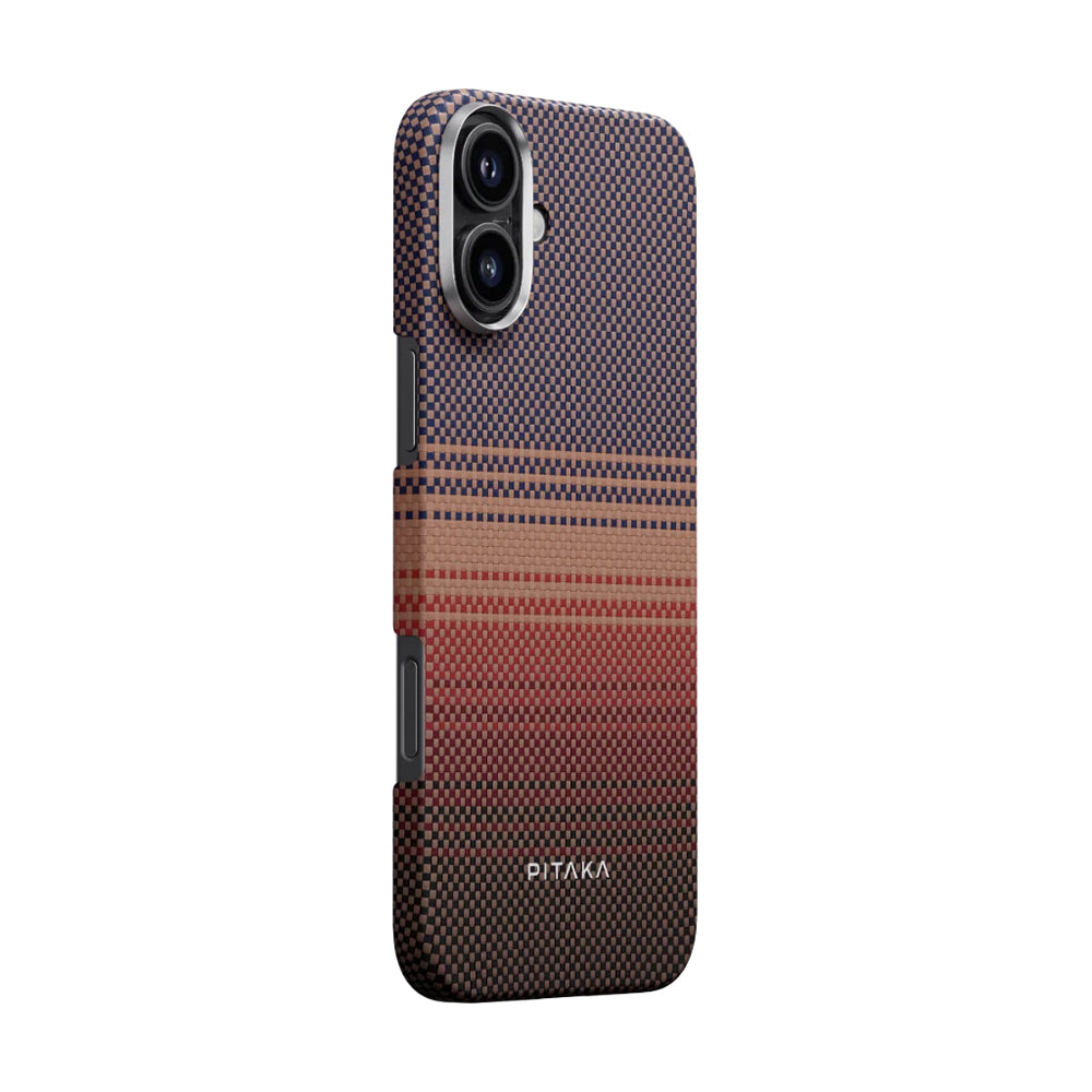 iPhone 16 Plus Kılıf M-safe Şarj Özellikli Aramid Karbon Fiber Pitaka Tactile Woven Sunset-Moonrise Serisi Sunset Kılıf