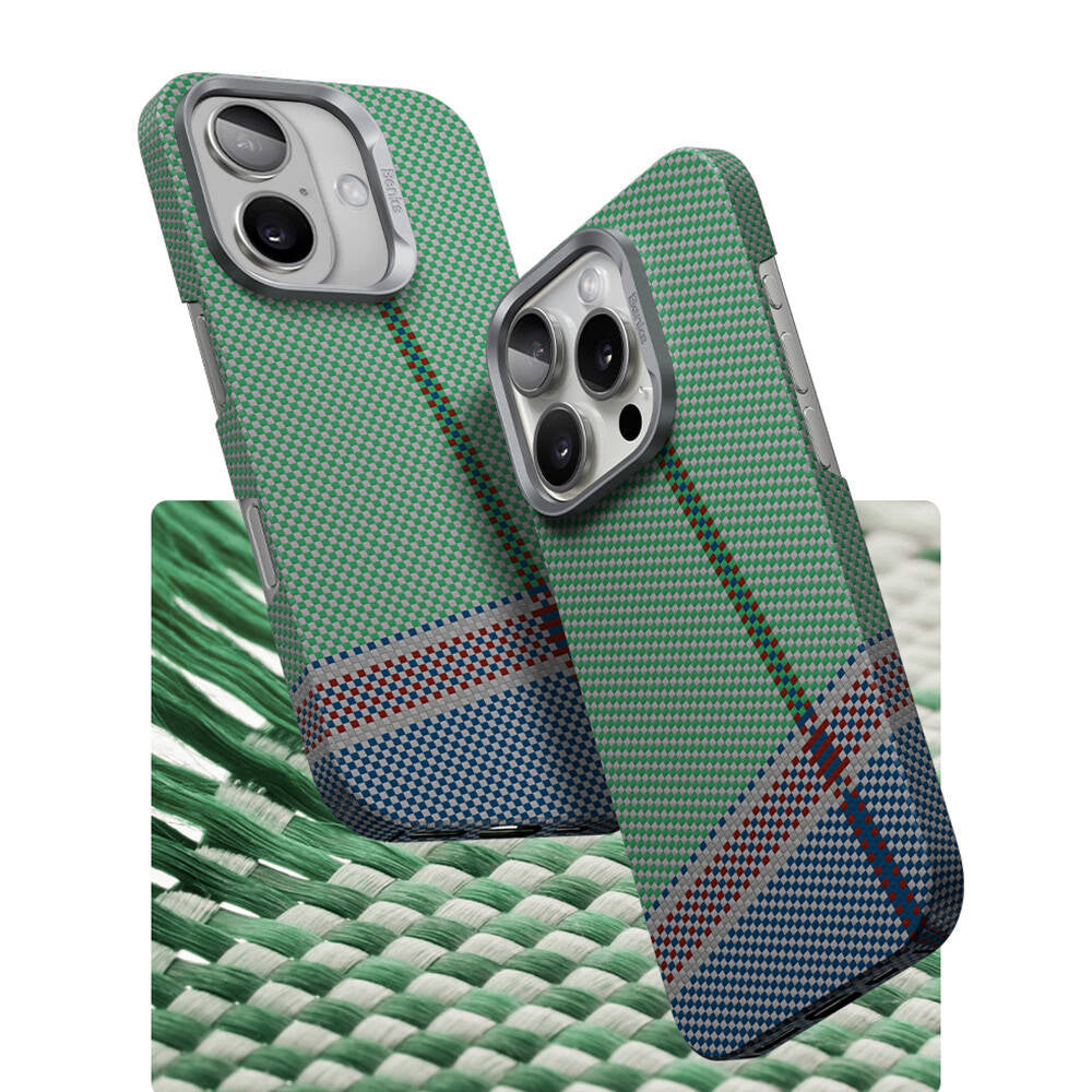 iPhone 16 Plus Kılıf M-safe Şarj Özellikli Karbon Fiber Tasarımlı Benks Passion Green ArmorAir Kevlar Kılıf