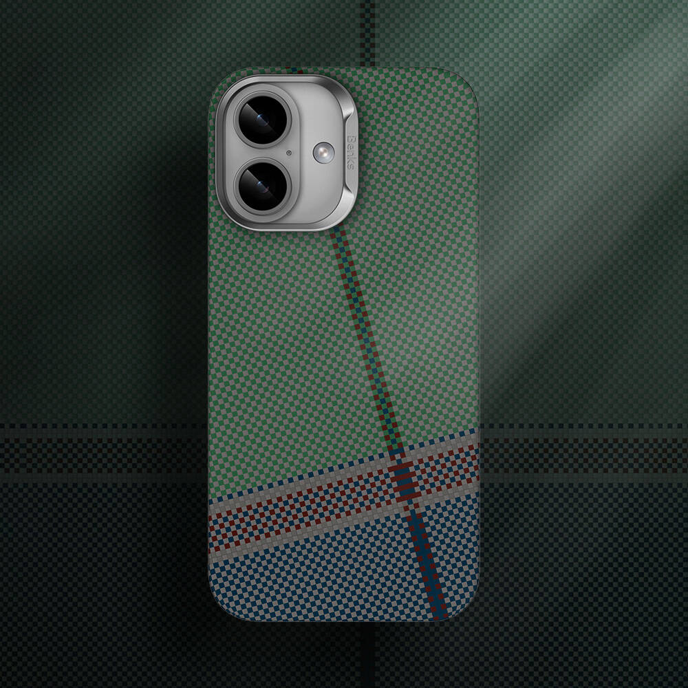 iPhone 16 Plus Kılıf M-safe Şarj Özellikli Karbon Fiber Tasarımlı Benks Passion Green ArmorAir Kevlar Kılıf