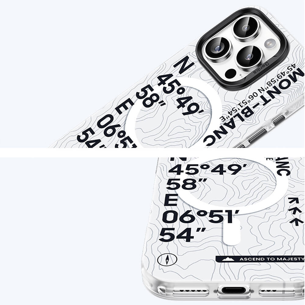 iPhone 16 Plus Kılıf M-safe Şarj Özellikli Koordinat Yazı Desenli Benks Summit Serisi Kılıf