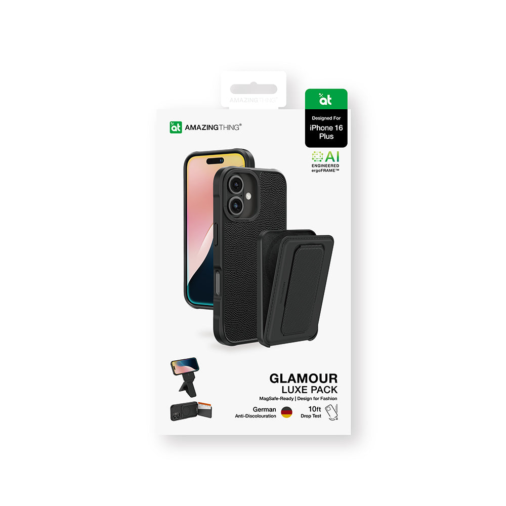 iPhone 16 Plus Kılıf M-safe Şarj Özellikli Standlı Kartlıklı Set Amazinghing Glamour Luxe Serisi Kılıf