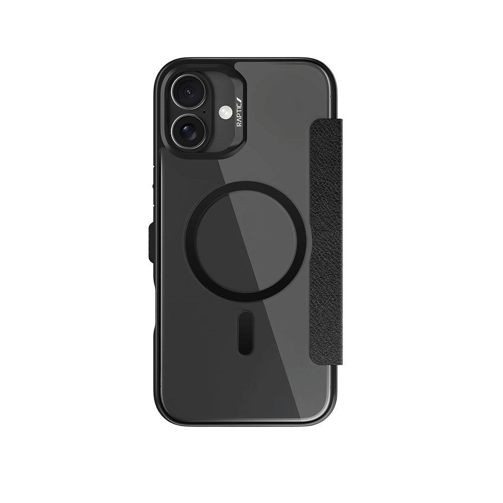 iPhone 16 Plus Kılıf M-safe Şarj Özellikli Vegan Deri Tasarımlı Şeffaf Arka Yüzey Kartlıklı Raptic Urban Folio Serisi Kılıf