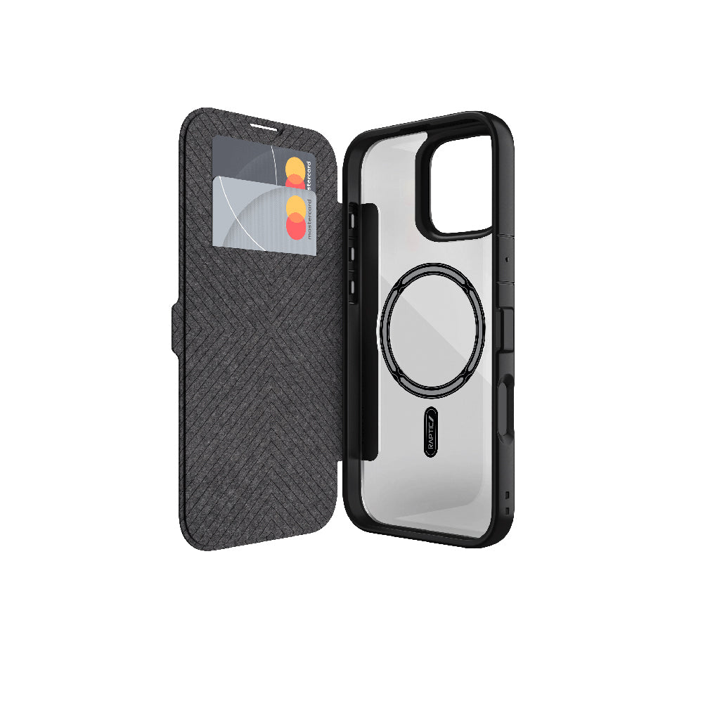 iPhone 16 Plus Kılıf M-safe Şarj Özellikli Vegan Deri Tasarımlı Şeffaf Arka Yüzey Kartlıklı Raptic Urban Folio Serisi Kılıf