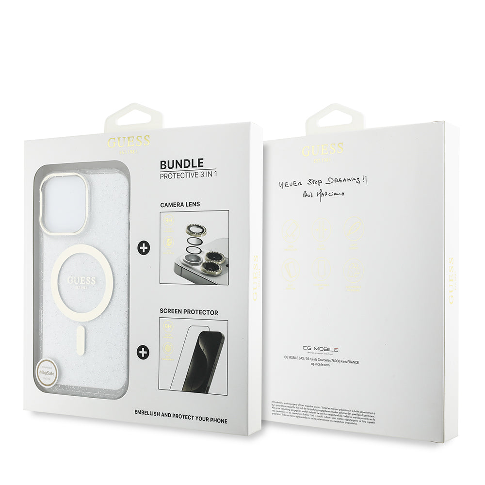 iPhone 16 Pro Guess Orijinal Lisanslı 3'lü Aksesuar Seti IML Baskılı Simli Glitter Kılıf + Ekran Koruyucu + Lens Koruyucu