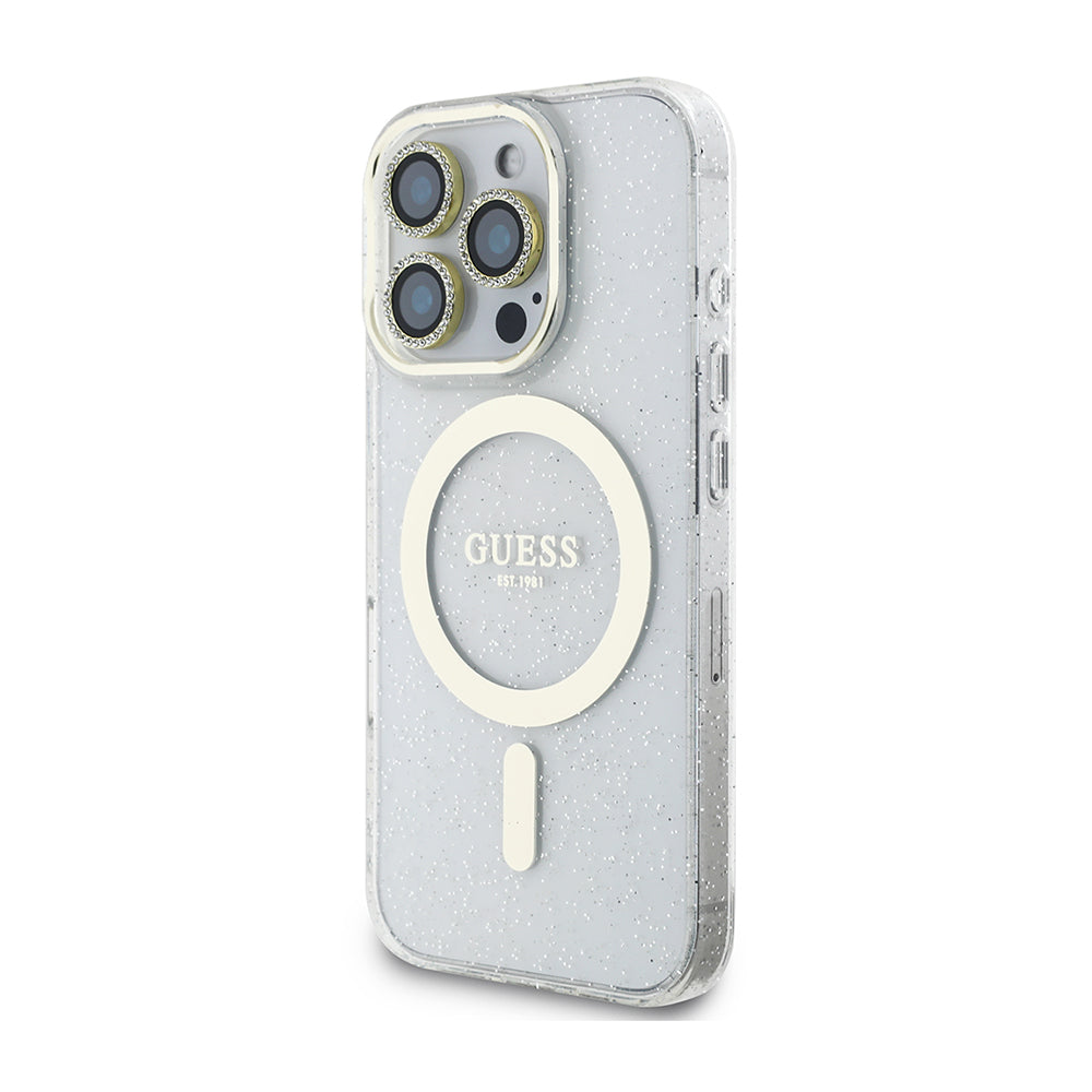 iPhone 16 Pro Guess Orijinal Lisanslı 3'lü Aksesuar Seti IML Baskılı Simli Glitter Kılıf + Ekran Koruyucu + Lens Koruyucu