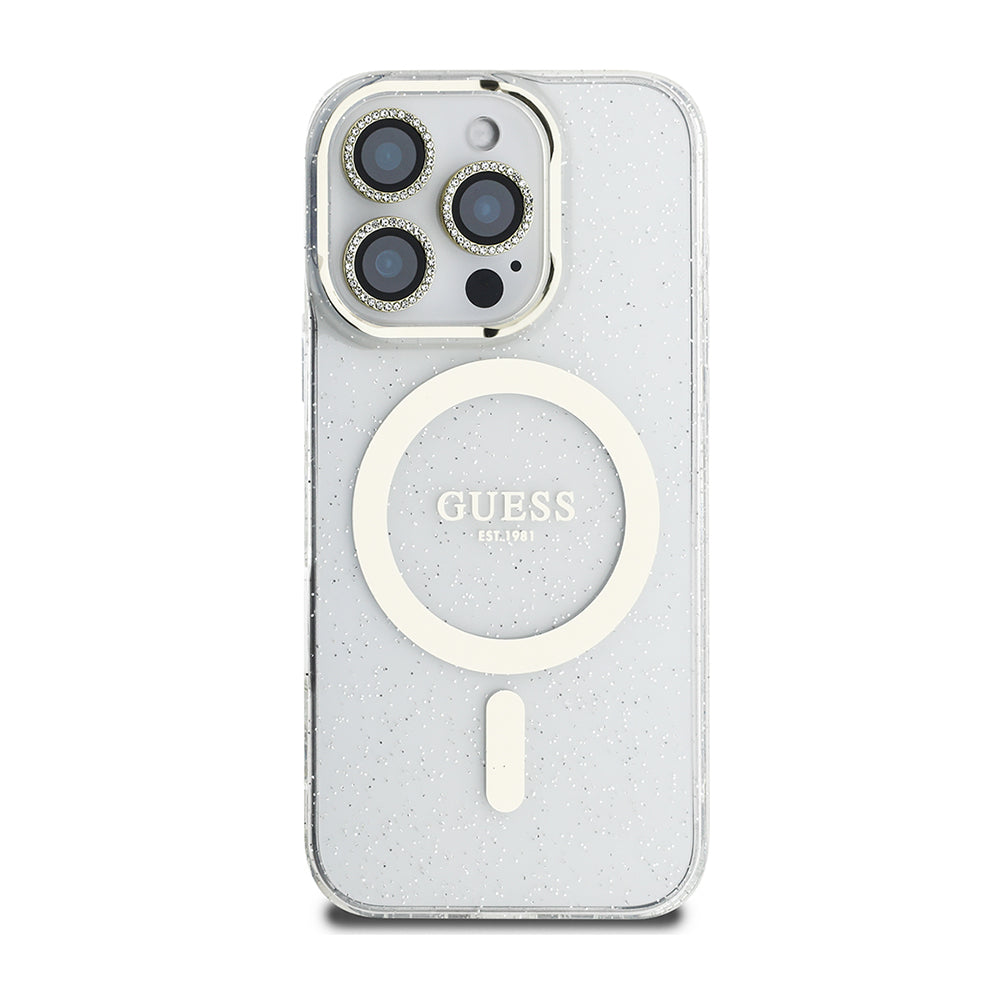 iPhone 16 Pro Guess Orijinal Lisanslı 3'lü Aksesuar Seti IML Baskılı Simli Glitter Kılıf + Ekran Koruyucu + Lens Koruyucu