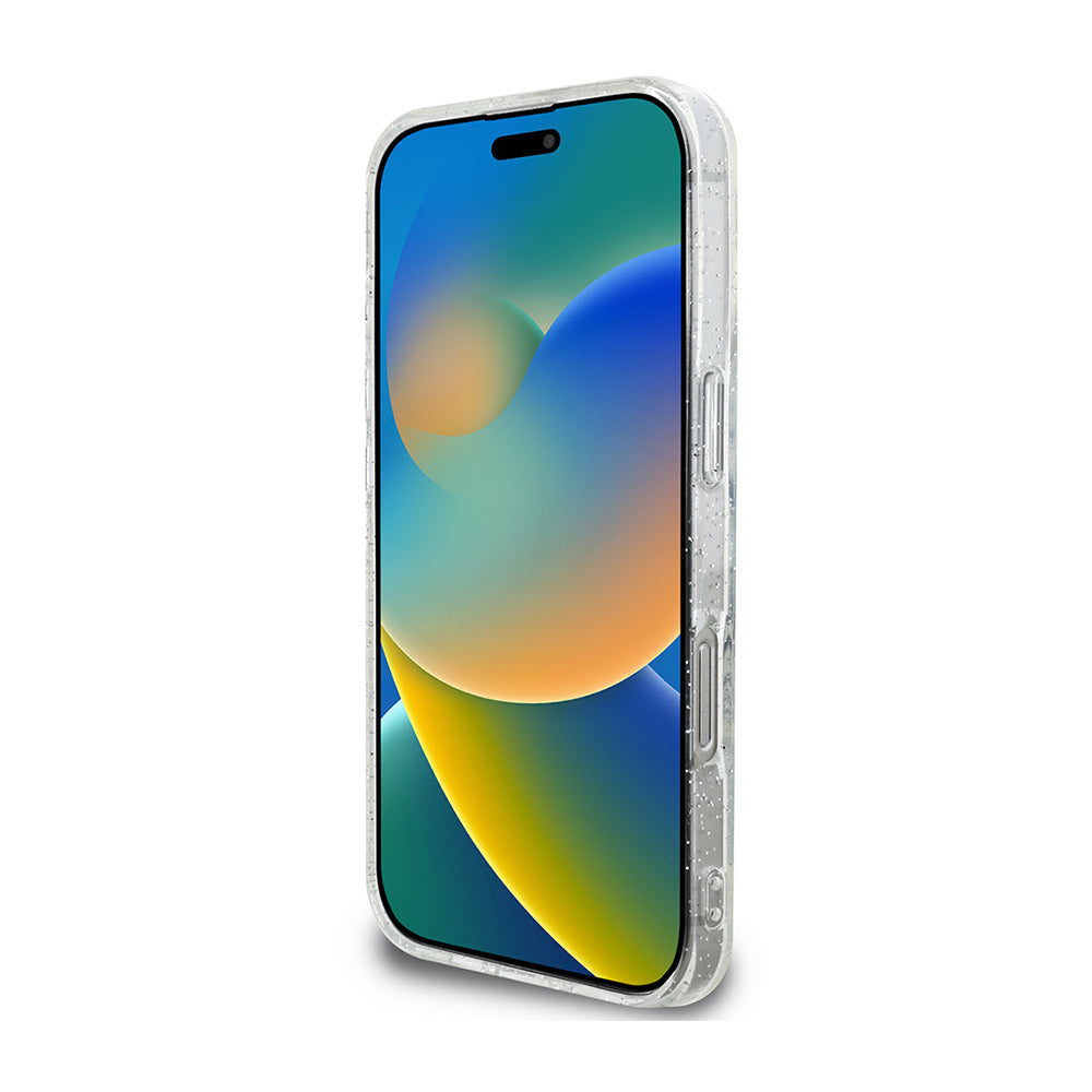 iPhone 16 Pro Guess Orijinal Lisanslı 3'lü Aksesuar Seti IML Baskılı Simli Glitter Kılıf + Ekran Koruyucu + Lens Koruyucu