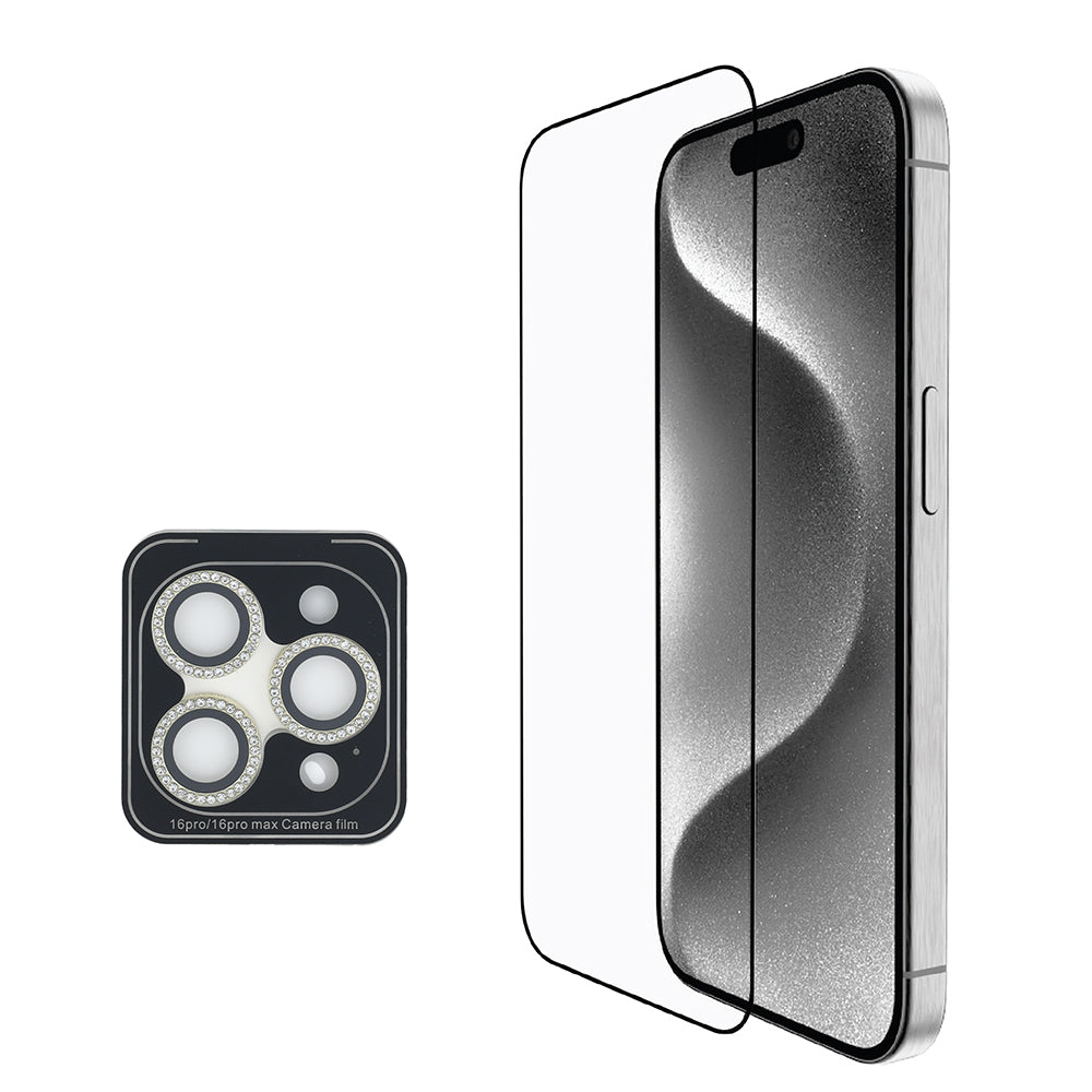iPhone 16 Pro Guess Orijinal Lisanslı 3'lü Aksesuar Seti IML Baskılı Simli Glitter Kılıf + Ekran Koruyucu + Lens Koruyucu