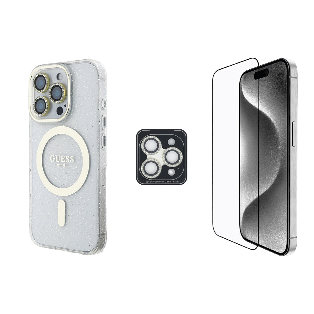 iPhone 16 Pro Guess Orijinal Lisanslı 3'lü Aksesuar Seti IML Baskılı Simli Glitter Kılıf + Ekran Koruyucu + Lens Koruyucu