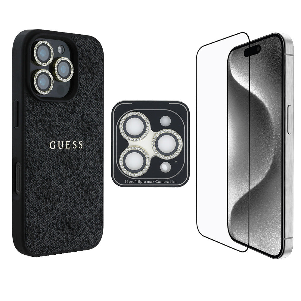 iPhone 16 Pro Guess Orijinal Lisanslı Kılıf + Ekran Koruyucu + Lens Koruyucu 3in1 Aksesuar Seti