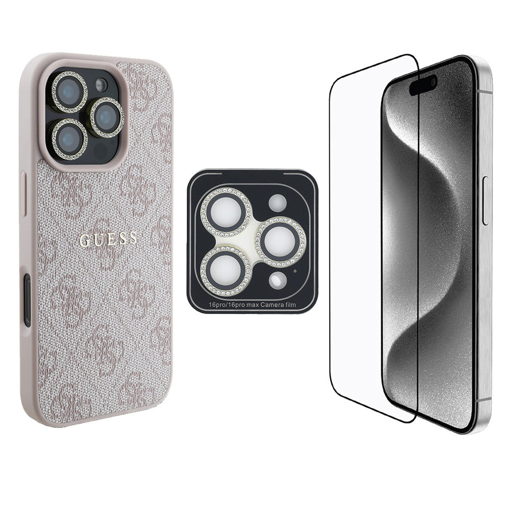 iPhone 16 Pro Guess Orijinal Lisanslı Kılıf + Ekran Koruyucu + Lens Koruyucu 3in1 Aksesuar Seti
