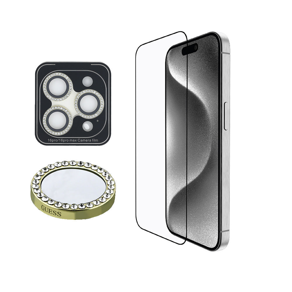 iPhone 16 Pro Guess Orijinal Lisanslı Rhinestone Ekran Koruyucu + Lens Koruyucu 2in1 Aksesuar Seti
