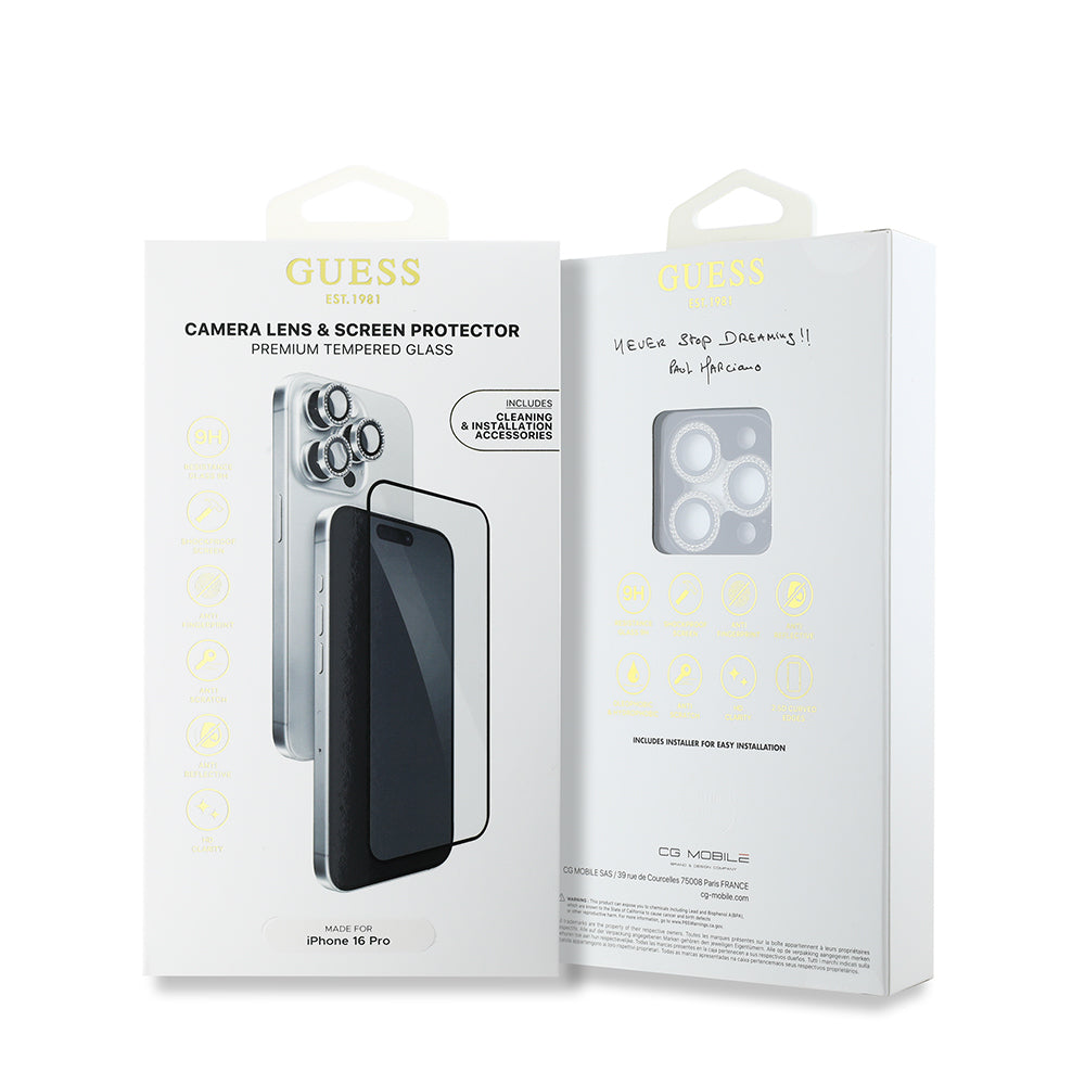 iPhone 16 Pro Guess Orijinal Lisanslı Rhinestone Ekran Koruyucu + Lens Koruyucu 2in1 Aksesuar Seti