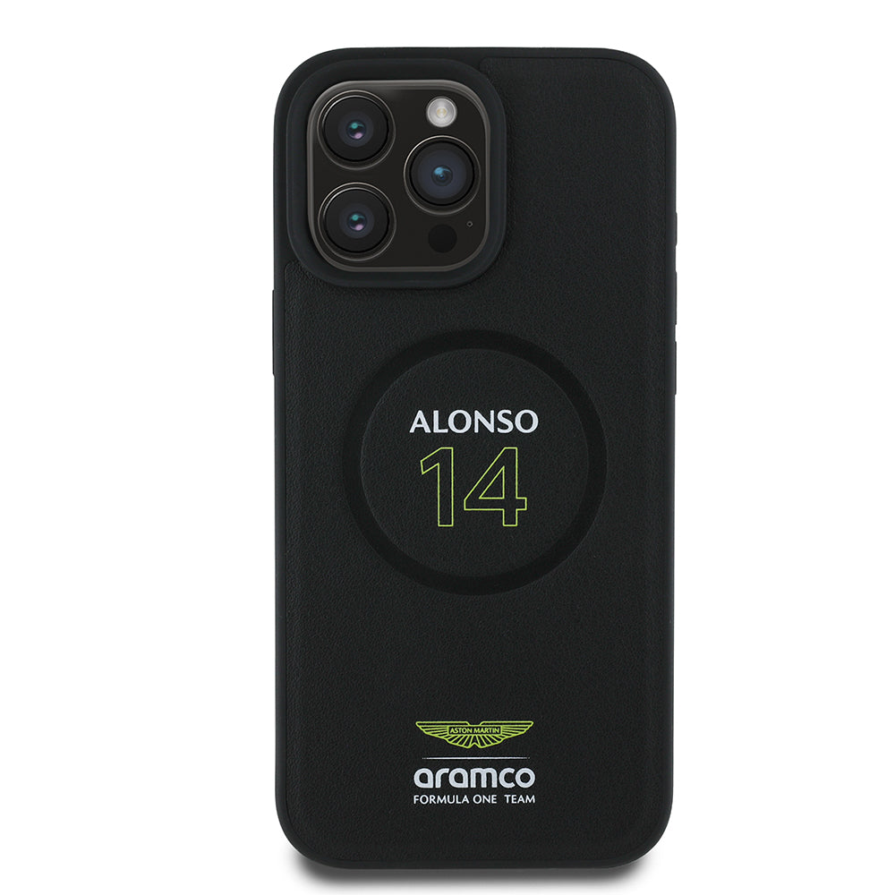 iPhone 16 Pro Kılıf Aston Martin Orijinal Lisanslı M-safe Şarj Özellikli PU Deri Alonso 14 Baskılı Kılıf
