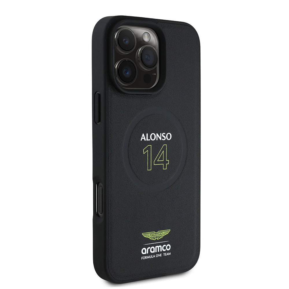 iPhone 16 Pro Kılıf Aston Martin Orijinal Lisanslı M-safe Şarj Özellikli PU Deri Alonso 14 Baskılı Kılıf