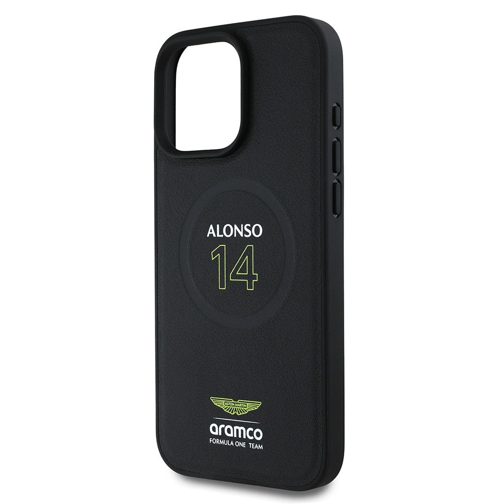 iPhone 16 Pro Kılıf Aston Martin Orijinal Lisanslı M-safe Şarj Özellikli PU Deri Alonso 14 Baskılı Kılıf