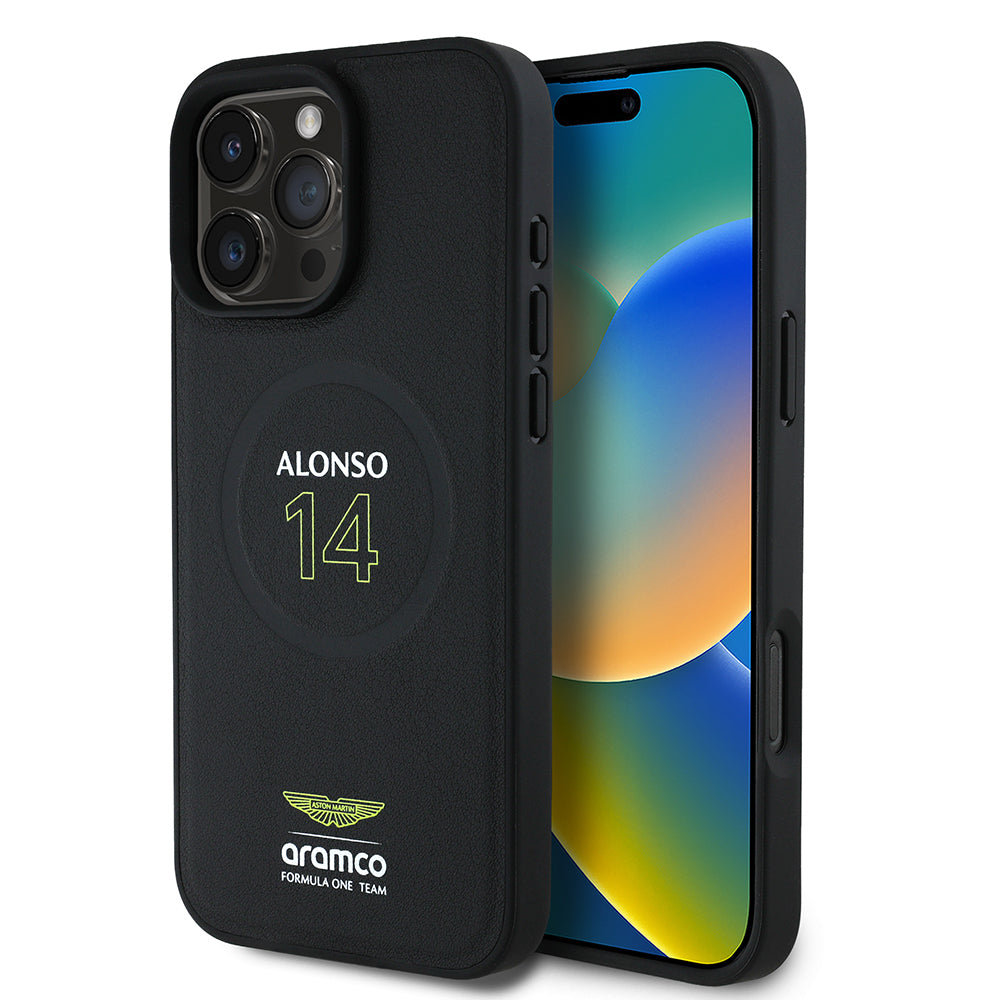iPhone 16 Pro Kılıf Aston Martin Orijinal Lisanslı M-safe Şarj Özellikli PU Deri Alonso 14 Baskılı Kılıf