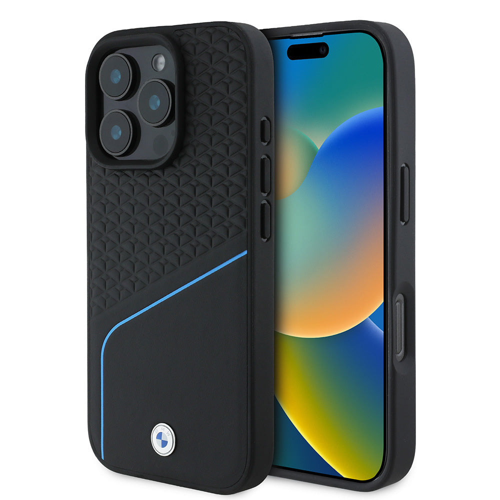iPhone 16 Pro Kılıf BMW Orijinal Lisanslı M-safe Şarj Özellikli Metal Logolu Dokulu ve Çizgili Deri Kılıf