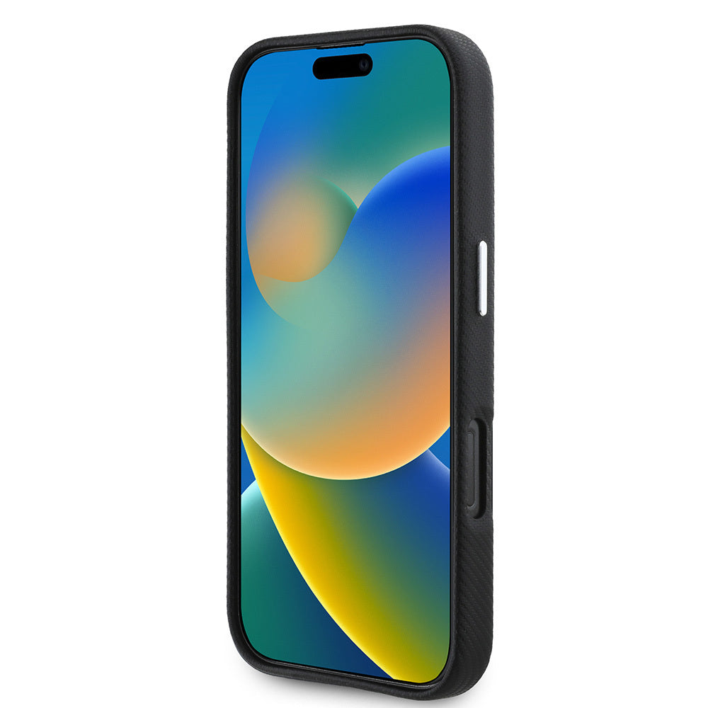 iPhone 16 Pro Kılıf BMW Orijinal Lisanslı Tam Sarılmış Kevlar Tasarımlı Metal Logo Suni Deri Kılıf