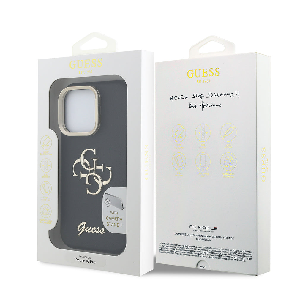 iPhone 16 Pro Kılıf Guess Orijinal Lisanslı Grained Yazı Logolu Kamera Standlı Kılıf