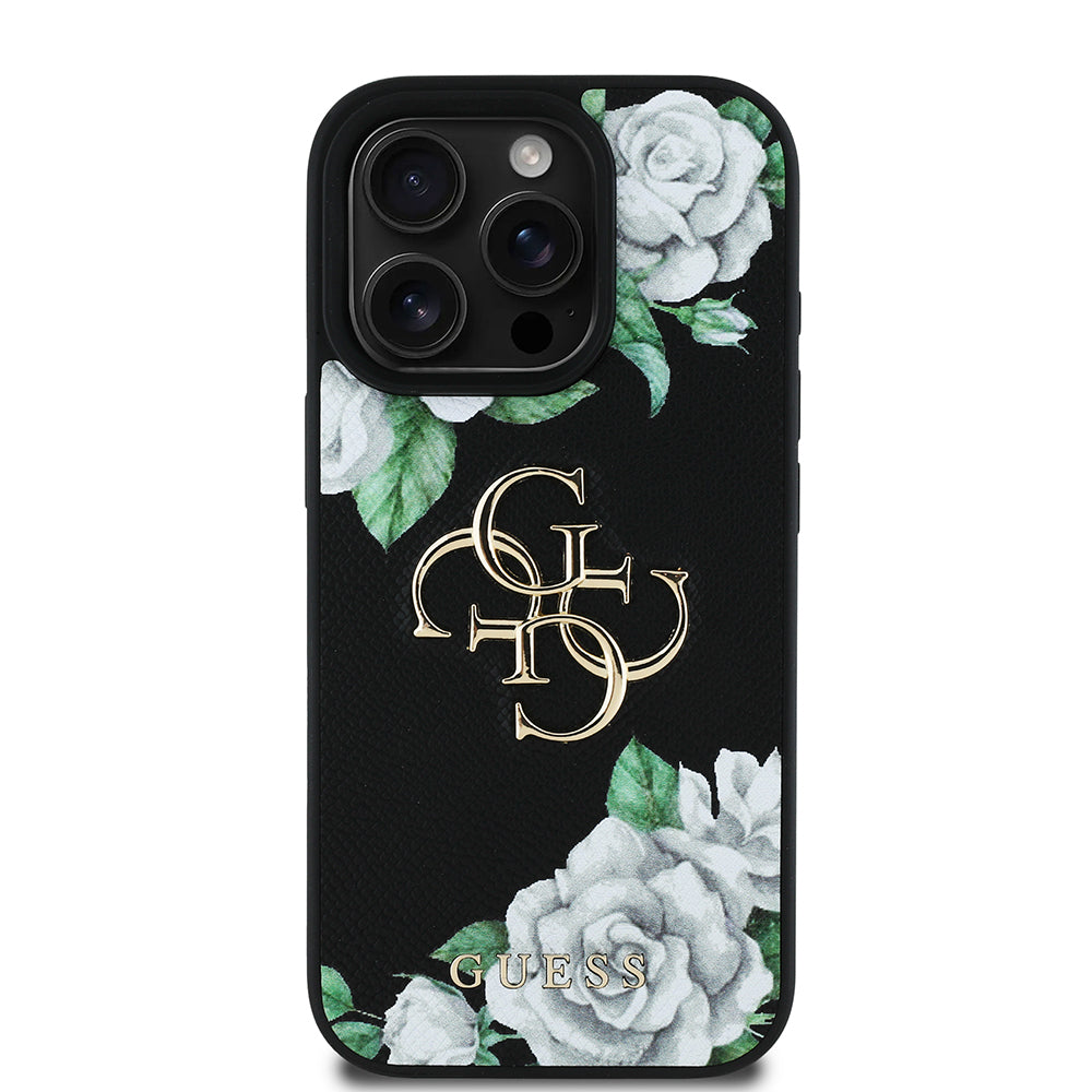 iPhone 16 Pro Kılıf Guess Orijinal Lisanslı Gül Baskılı Büyük Metal Logo Dizaynlı Kılıf