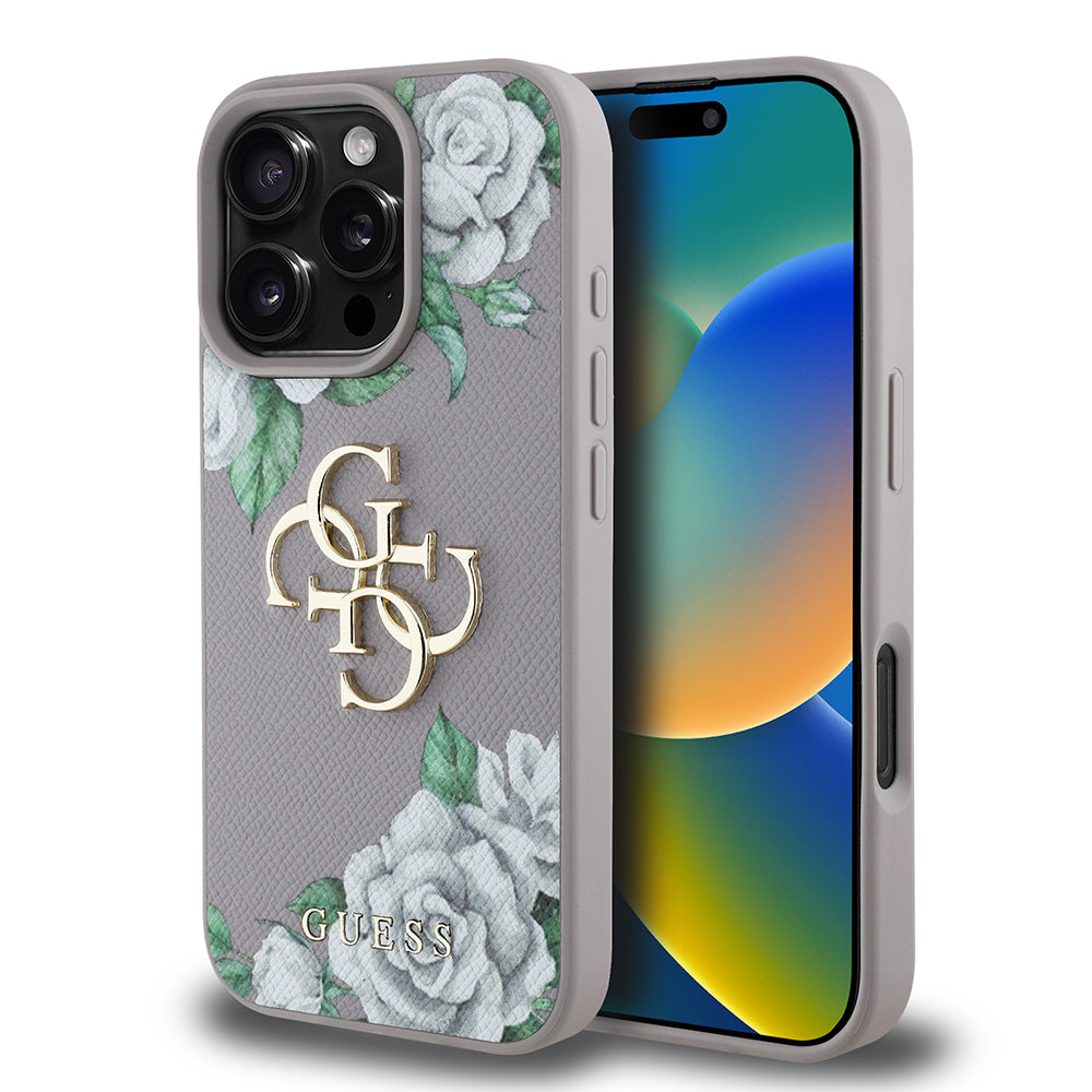 iPhone 16 Pro Kılıf Guess Orijinal Lisanslı Gül Baskılı Büyük Metal Logo Dizaynlı Kılıf